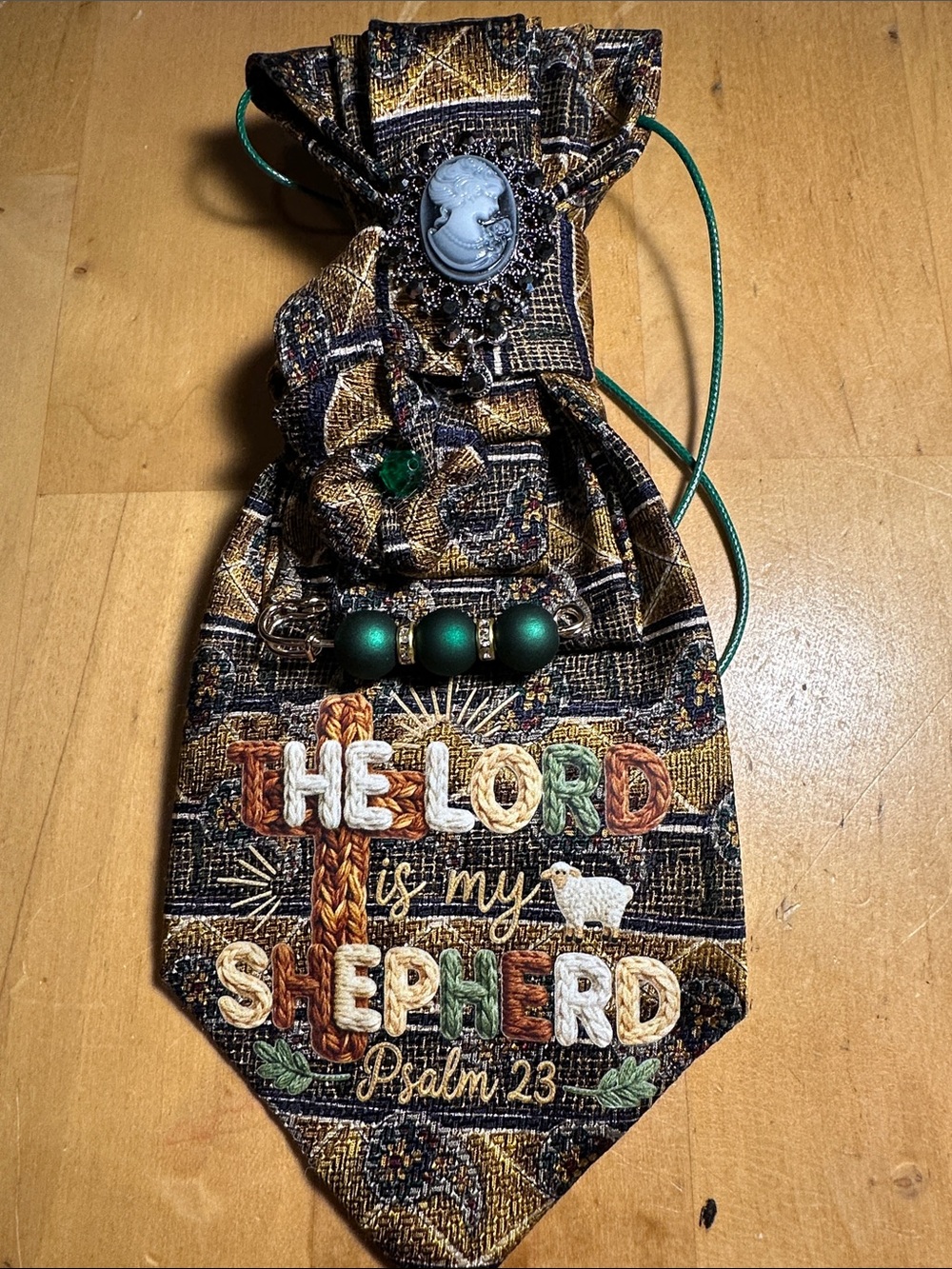 Geoffrey Beene Brown Green Embroidered Looking" Lord is my Shepherd'